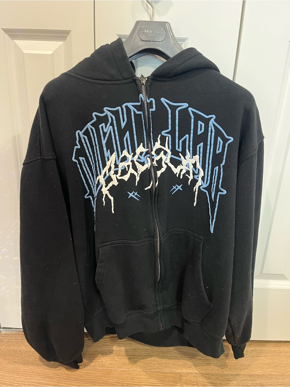 PacSun Black Zip Hoodie with Blue and White Graphic